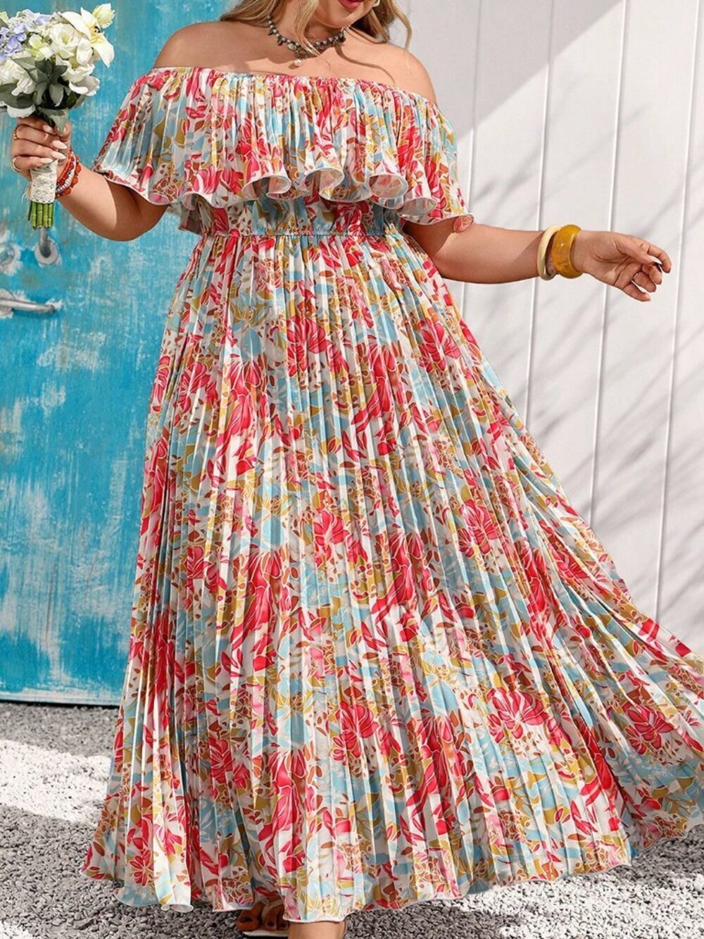 Pink Boho Plus Size Women's Floral Print Off-Shoulder Maxi Dress - Picture 8 of 11